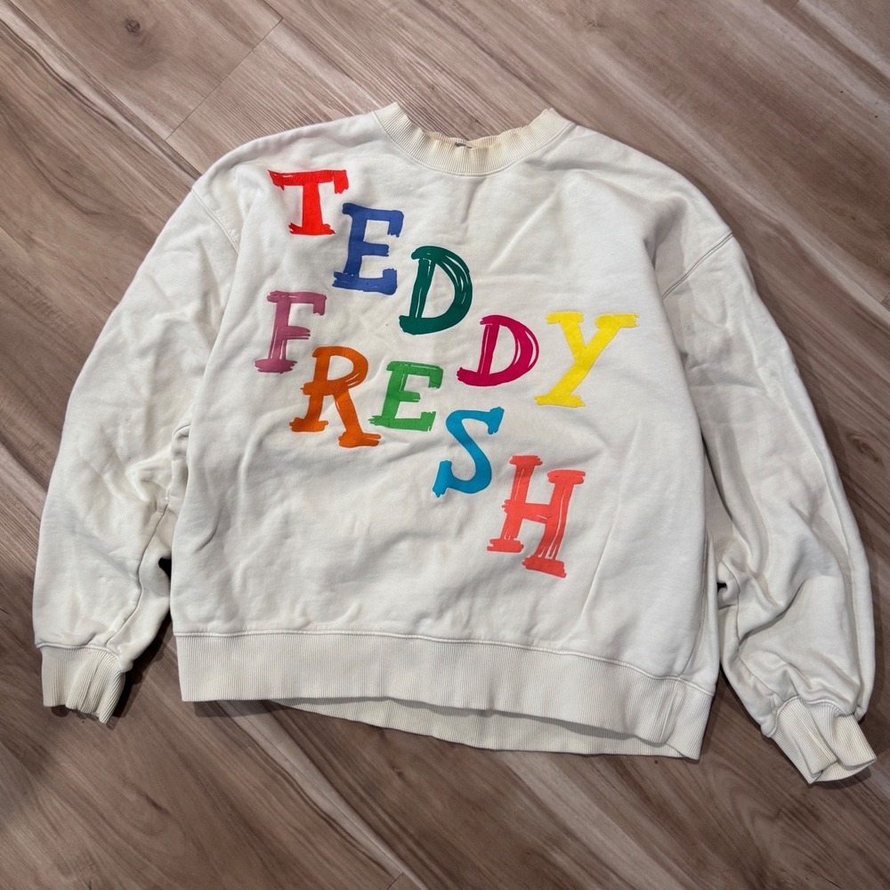 Teddy Fresh Cream Multi Color‎ Letter Graphic Crewneck Sweatshirt Mens Size L v2